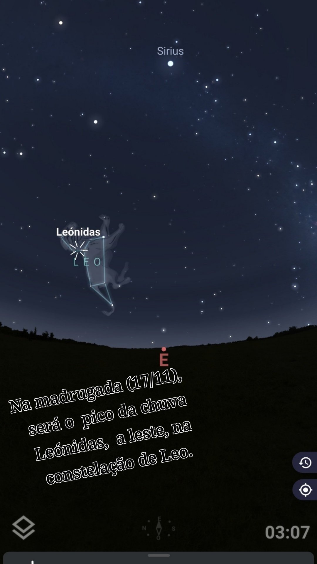 



Na madrugada (17/11), será o  pico da chuva Leónidas,  a leste, na constelação de Leo. 